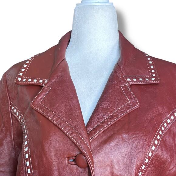 Vintage 70s Burgundy Leather Longline Trench Coat White Whipstitch Western Ranch - Picture 2 of 16